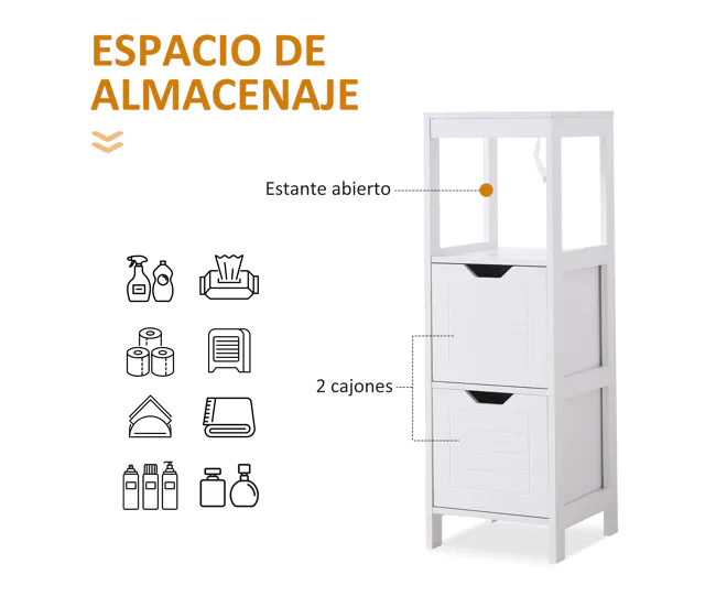 Estante de Ducha kleankin Armario de Baño Gabinete Multifuncional con Estante Abierto 2 Cajones de Almacenaje Diseño Antiv...