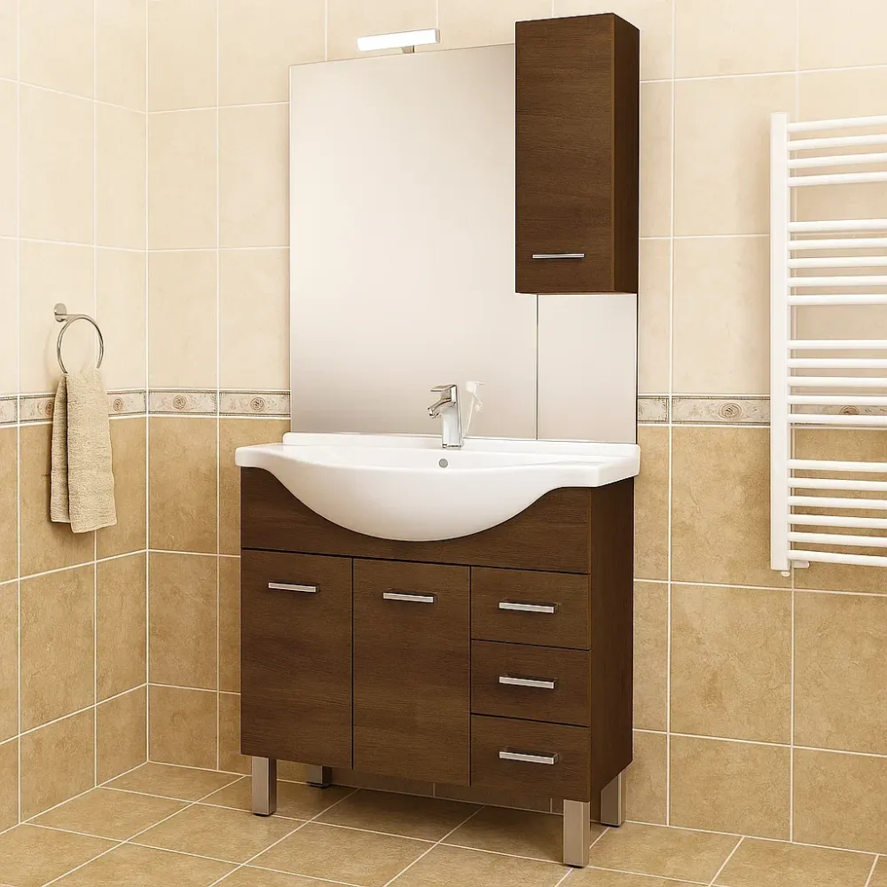 Estante de Ducha Mueble de baño modelo Arianna con base 2 puertas, Lavabo y Espejo acabado Olmo Café
