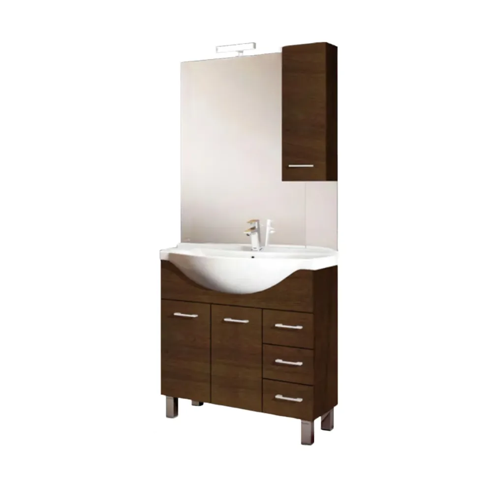 Estante de Ducha Mueble de baño modelo Arianna con base 2 puertas, Lavabo y Espejo acabado Olmo Café