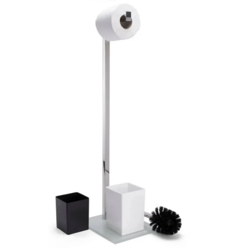 Estante de Ducha Piantana da bagno con porta rotolo e porta scopino acciaio inox di colore bianco