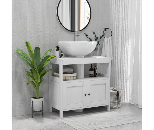 Gabinete de Baño kleankin Mueble para Debajo del Lavabo con 2 Puertas y Estante Abierto Mueble Lavabo con Pie Contemporáne...