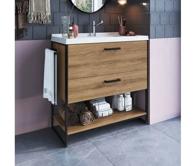 Gabinete de Baño Mueble De Baño 80 Cm Con 2 Cajones Y Encimera Blanco/Miel