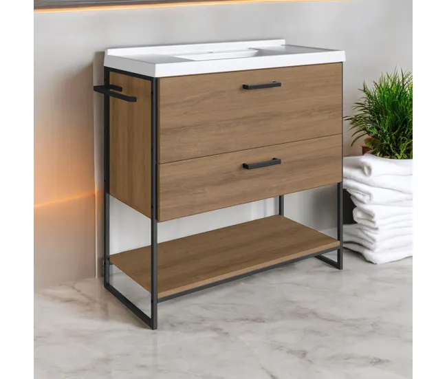 Gabinete de Baño Mueble De Baño 80 Cm Con 2 Cajones Y Encimera Blanco/Miel