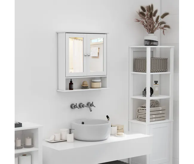 kleankin Armario de Baño con Espejo de Pared con 2 Puertas Armario de 3 Niveles para Almacenamiento Armario de Pared para...
