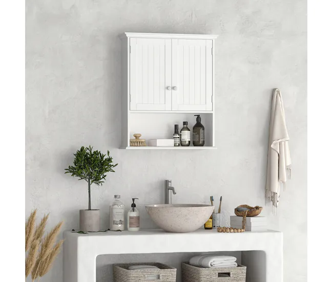 kleankin Armario Baño de Pared con 2 Puertas Estante Interior Ajustable y Compartimento Abierto Mueble Auxiliar Suspendido...