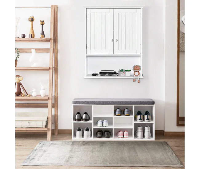 kleankin Armario Baño de Pared con 2 Puertas Estante Interior Ajustable y Compartimento Abierto Mueble Auxiliar Suspendido...