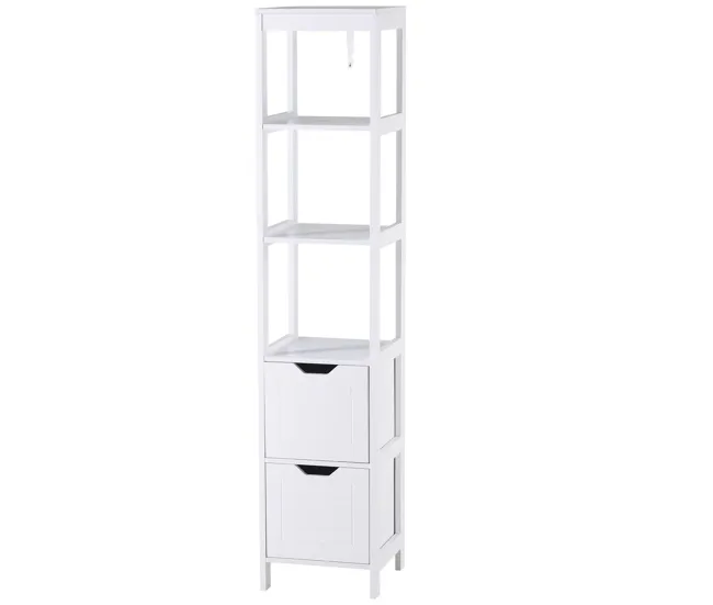kleankin Armario Grande de Baño Multiusos Mueble Columna con 3 Estantes Abiertos y 2 Cajones de Almacenaje Diseño Antivuel...