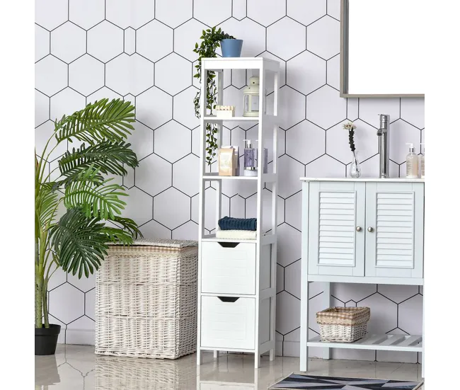 kleankin Armario Grande de Baño Multiusos Mueble Columna con 3 Estantes Abiertos y 2 Cajones de Almacenaje Diseño Antivuel...