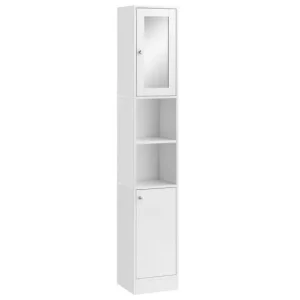 kleankin Armario Grande para Baño con Espejo Mueble Columna de Baño Madera con 2 Estantes Abiertos 2 Puertas y Baldas Inte...
