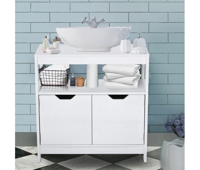 kleankin Armario para Debajo de Lavabo Gabinete de Baño con Estante 2 Puerta de Almacenamiento Dispositivo Antivuelco Resi...