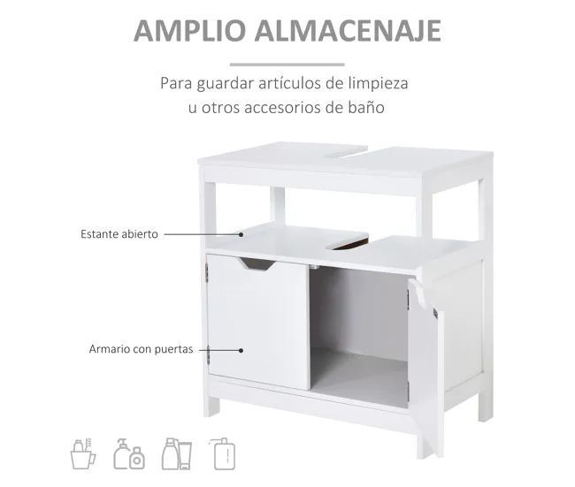 kleankin Armario para Debajo de Lavabo Gabinete de Baño con Estante 2 Puerta de Almacenamiento Dispositivo Antivuelco Resi...