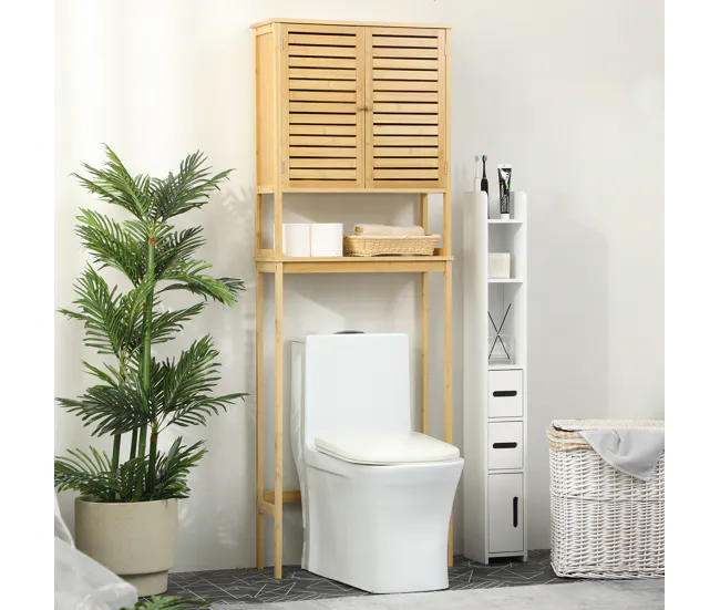 kleankin Mueble de Bambú sobre Inodoro Armario Alto para Lavadora con 2 Puertas 1 Balda Interior y 1 Estante de Almacenaje...