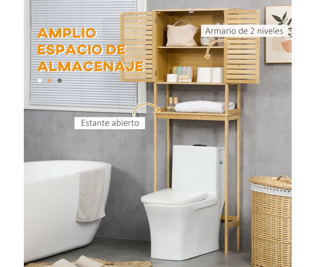 kleankin Mueble de Bambú sobre Inodoro Armario Alto para Lavadora con 2 Puertas 1 Balda Interior y 1 Estante de Almacenaje...