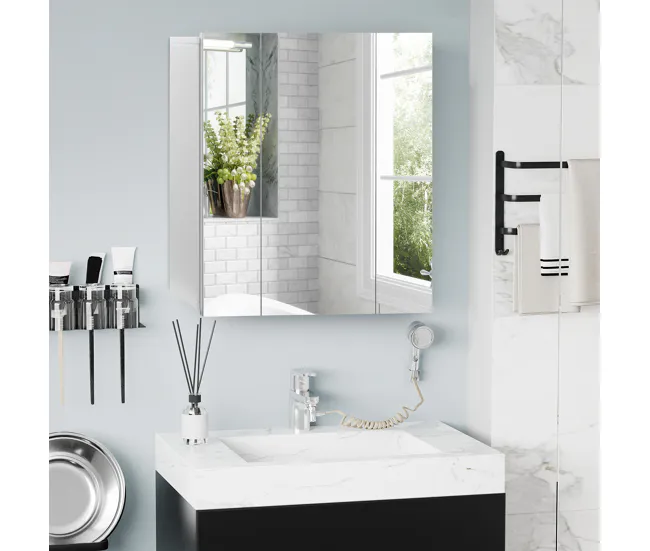 Kleankin Mueble de Baño con Espejo Mueble de Pared para Baño con 3 Puertas y Estantes Internos Ajustables 70x15x60 cm Blan...