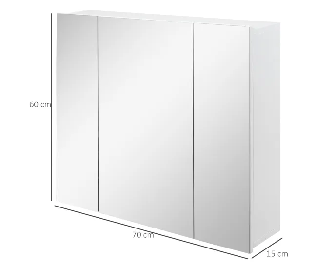 Kleankin Mueble de Baño con Espejo Mueble de Pared para Baño con 3 Puertas y Estantes Internos Ajustables 70x15x60 cm Blan...