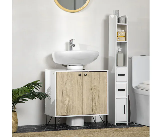kleankin Mueble para Debajo del Lavabo de Madera Armario Bajo Lavabo Armario de Baño de Suelo con 2 Puertas Estante y Pata...