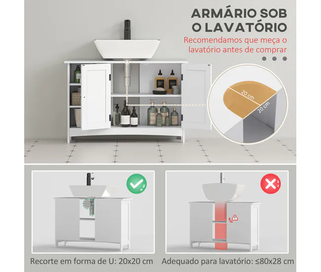 kleankin Mueble para Debajo del Lavabo de Madera Mueble Bajo Lavabo de Pie con 2 Puertas y Estantes Ajustables Antivuelco...