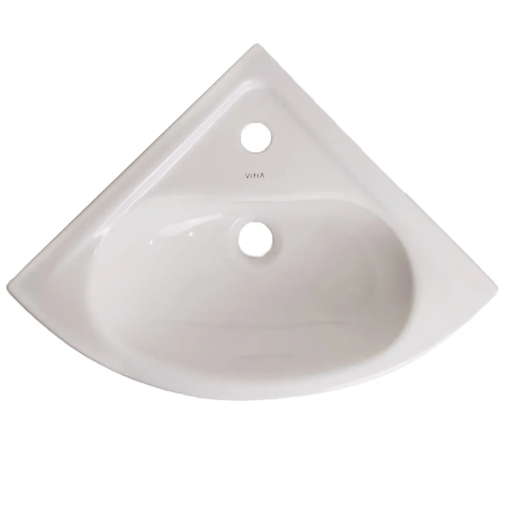 Lavabo ad angolo ceramica bianca lucida per installazione sospesa cm 40x40