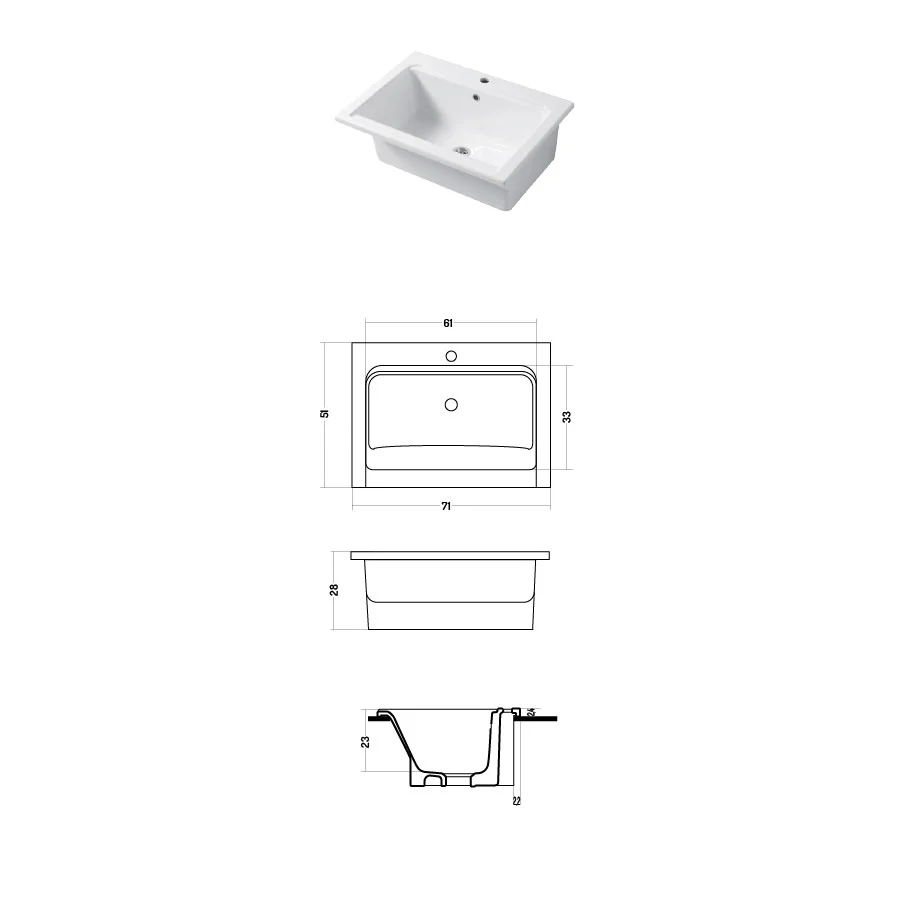 Lavatoio per interno da appoggio o incasso ceramica bianca lucida 71x51cm modello Scotland Disegno-Ceramica