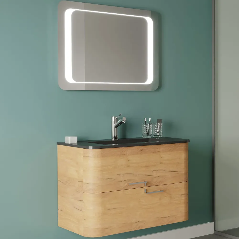 Mobile bagno due cassetti Rovere Oro con lavabo resina nero, specchio e lampada cm 80 - Cubi&Co modello Mood 1