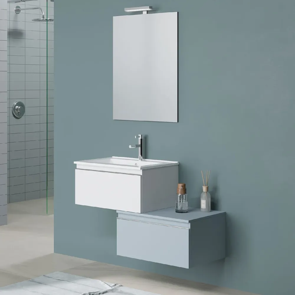 Mobile bagno sospeso due cassetti con lavabo, specchio e luce led cm 60 Bianco e Blu Pastello Opaco - Cubi&Co modello Inca...