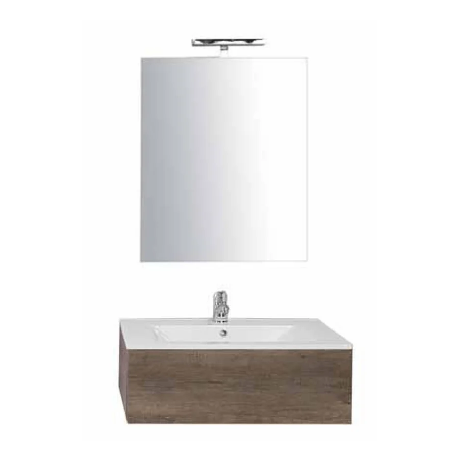 Mobile bagno sospeso Only nobilitato con 1 cassetto top ceramica e specchio. Colore Olmo naturale