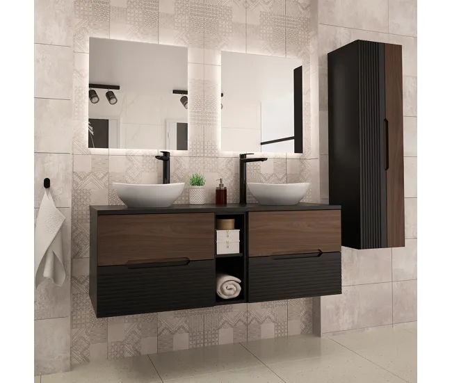 Mueble bajo lavabo 140cm compartimiento encimera Sylla Negro y madera