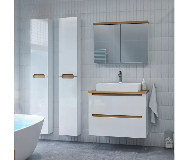 Mueble bajo lavabo 80cm 2 cajones encimera Livia Blanco y Madera