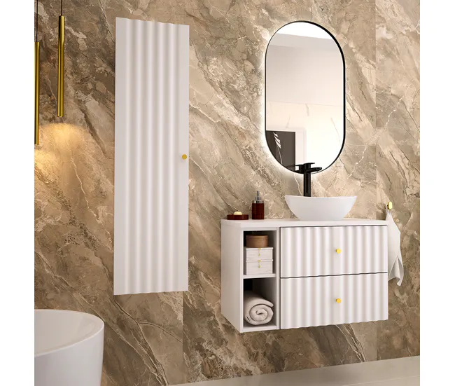 Mueble bajo lavabo 80cm 2 compartimientos encimera Izae Blanco en Blanco Brillante