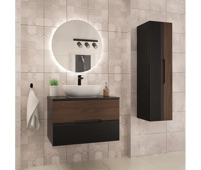 Mueble bajo lavabo 80cm encimera Sylla Negro y madera con Cajón con Cerradura