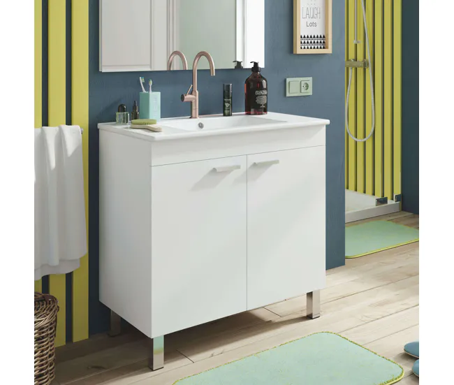 Mueble de Baño Atenea Estilo Contemporáneo en Color Blanco con 2 Puertas y Patas 80x80x45 cm (Lavabo Voluntario