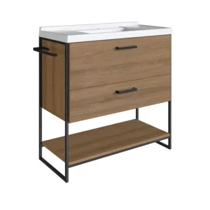 Mueble De Baño 80 Cm Con 2 Cajones Y Encimera Blanco/Miel con Estante para Toallas
