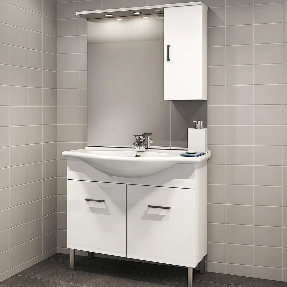 Mueble de baño móvil suelo con dos puertas con lavabo, espejo y armario modelo Jour en acabado blanco resplandeciente nobi...