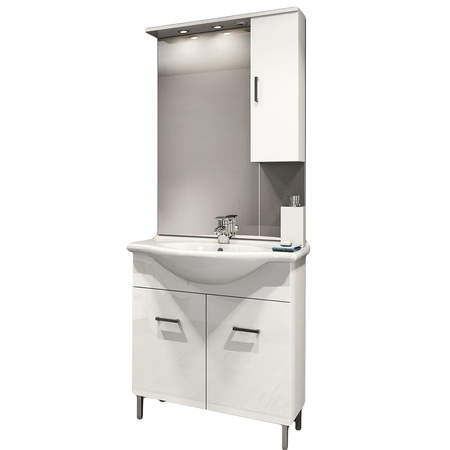Mueble de baño móvil suelo con dos puertas con lavabo, espejo y armario modelo Jour en acabado blanco resplandeciente nobi...
