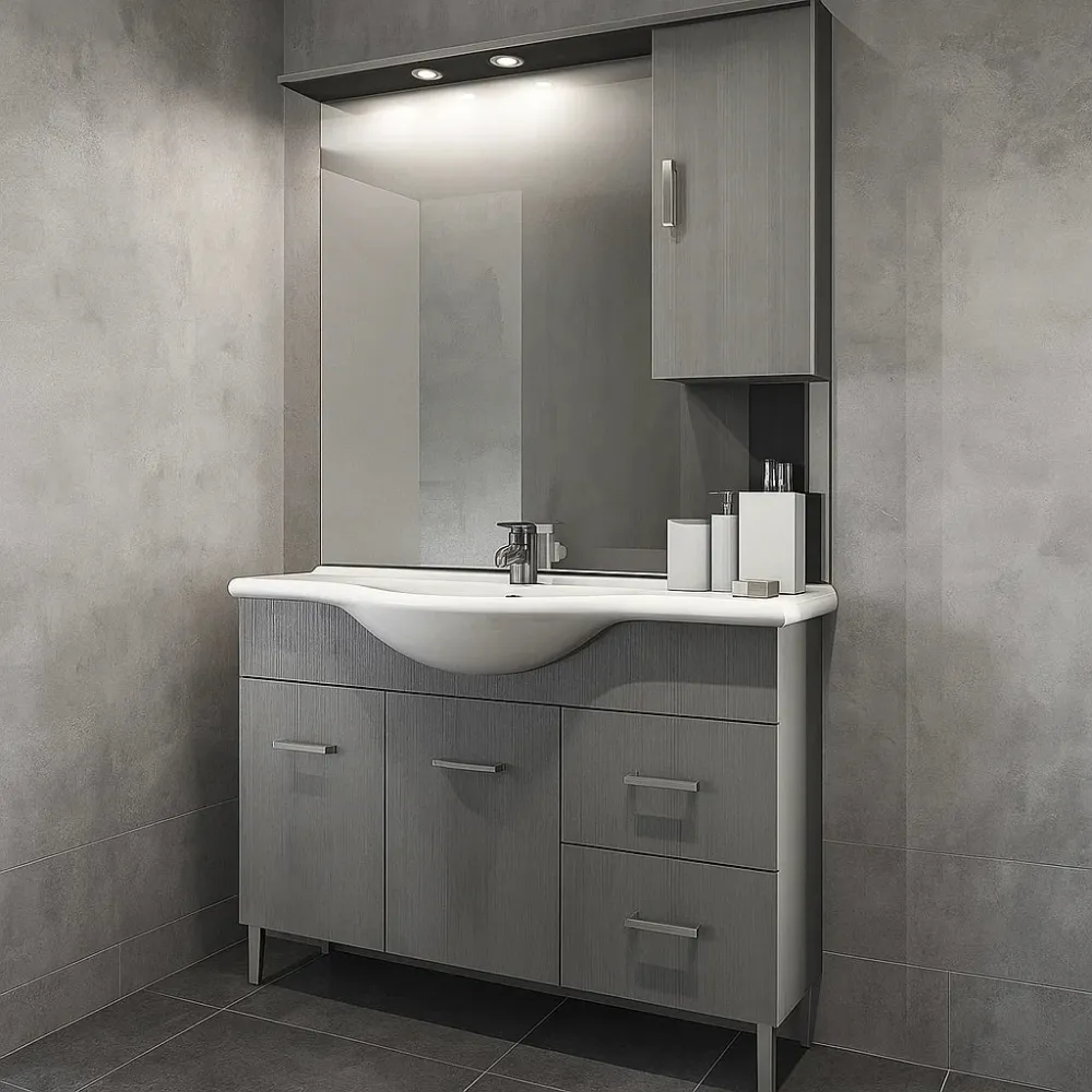 Mueble de baño móvil suelo con dos puertas, lavabo de cerámica, espejo y armario modelo Jour cm 105 en laminado larice gri...