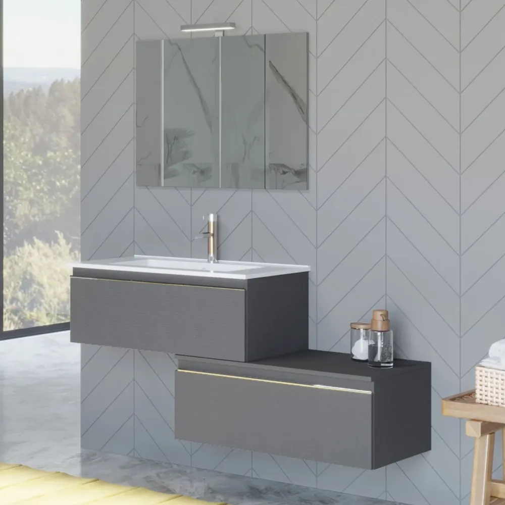 Mueble de baño suspendido con dos cajones con lavabo, espejo y luz led cm 80 color Lino - Cubi&Co modelo Incanto 1 para Ba...