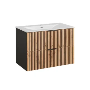 Mueble lavabo individual encastrado 80cm Gaia Madera y Negro con Compartimentos