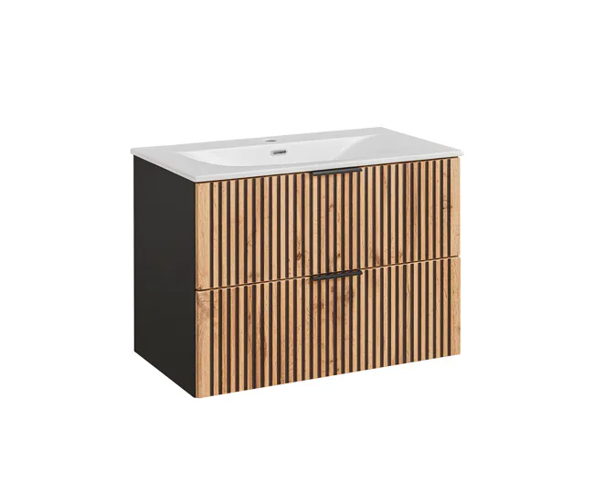Mueble lavabo individual encastrado 80cm Gaia Madera y Negro con Compartimentos