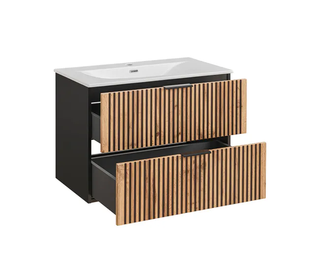 Mueble lavabo individual encastrado 80cm Gaia Madera y Negro con Compartimentos
