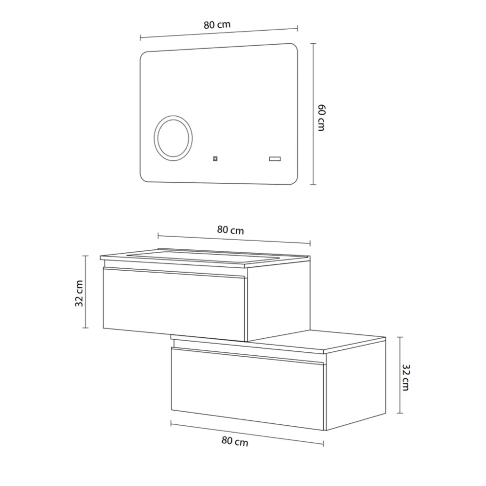 Organizador de Toallas Mueble de baño suspendido con dos cajones y lavabo, espejo con pantalla de 80 cm color blanco mate...