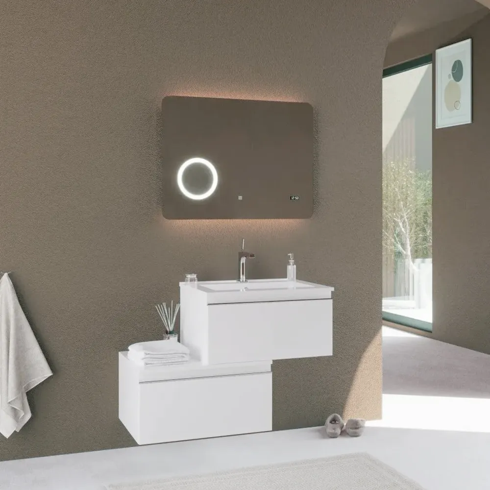 Organizador de Toallas Mueble de baño suspendido con dos cajones y lavabo, espejo con pantalla de 80 cm color blanco mate...