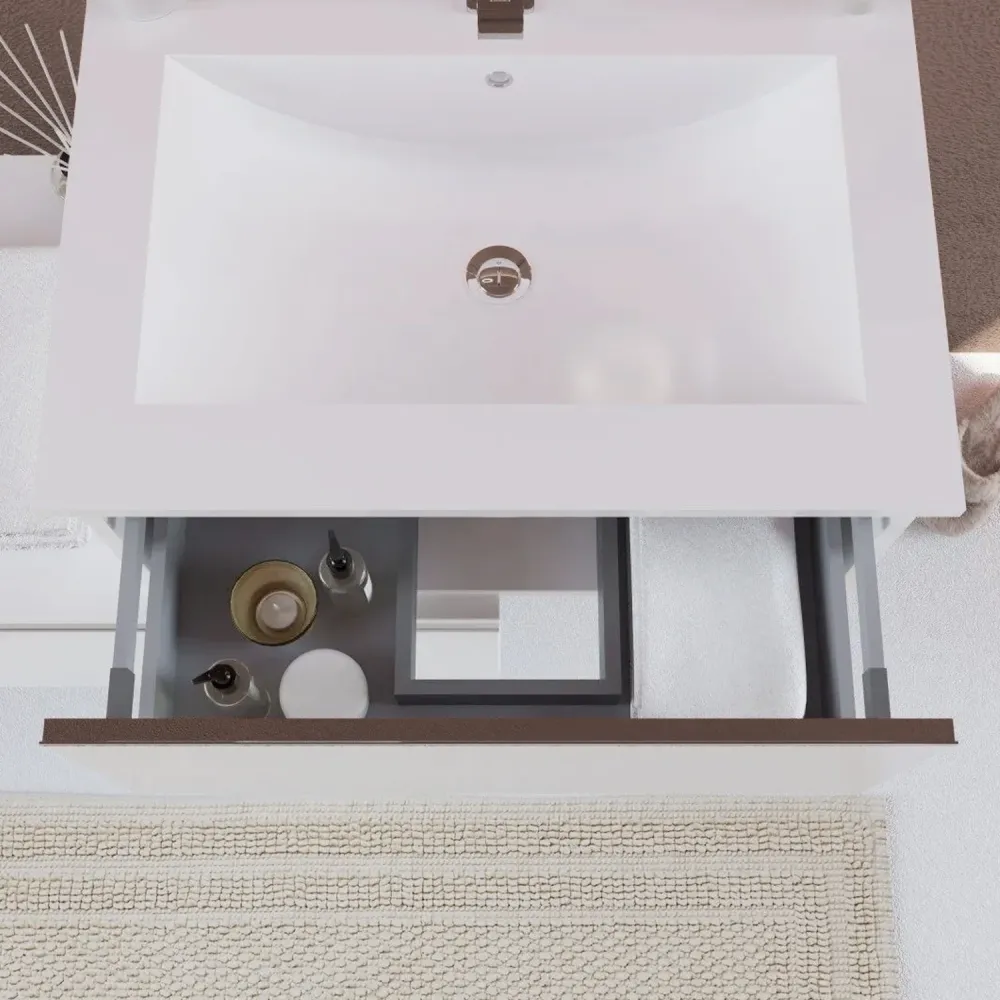 Organizador de Toallas Mueble de baño suspendido con dos cajones y lavabo, espejo con pantalla de 80 cm color blanco mate...