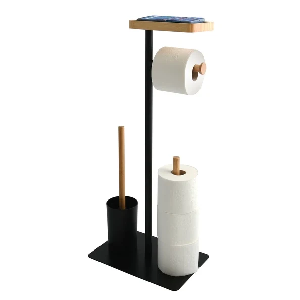 Piantana da bagno con Porta rotolo igienico modello Teiki colore nero opaco e bambù