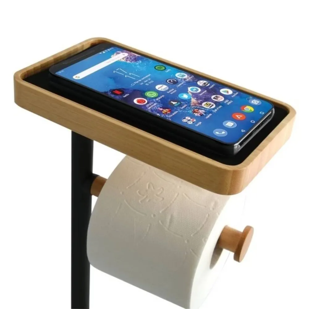 Piantana da bagno con Porta rotolo igienico modello Teiki colore nero opaco e bambù