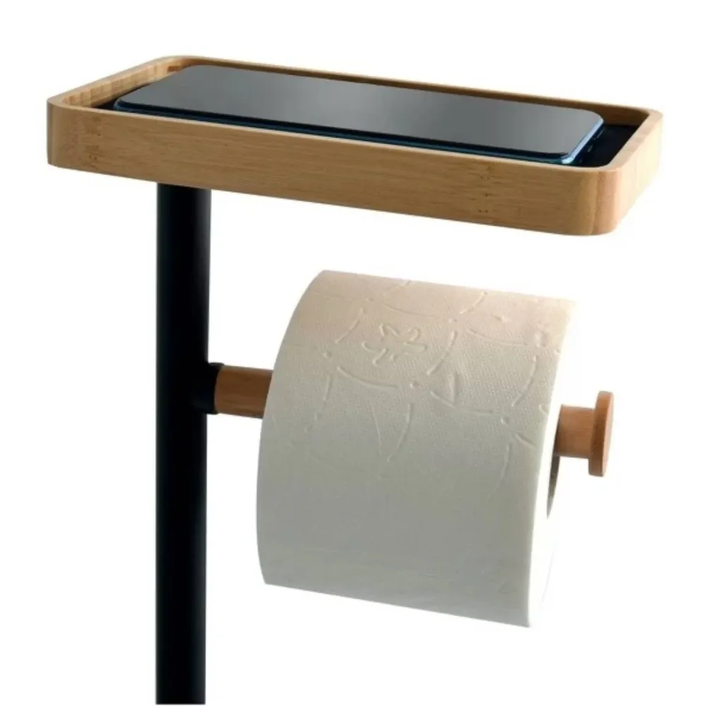Piantana da bagno con Porta rotolo igienico modello Teiki colore nero opaco e bambù