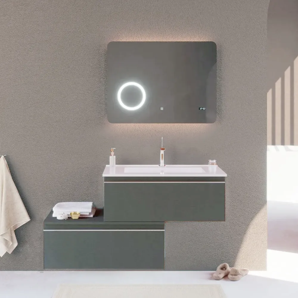 Premium de Madera Maciza Mobile bagno sospeso due cassetti con lavabo, specchio digitale cm 80 colore Lino- Cubi&Co modell...