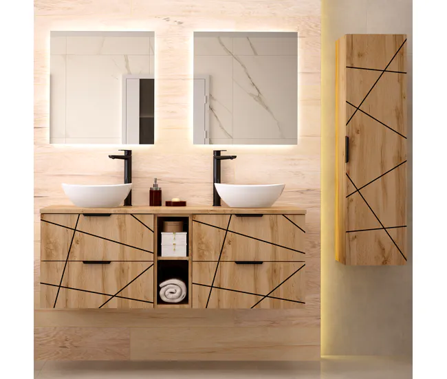 Premium de Madera Maciza Mueble bajo lavabo 140cm 2 compartimientos encimera Teren Madera