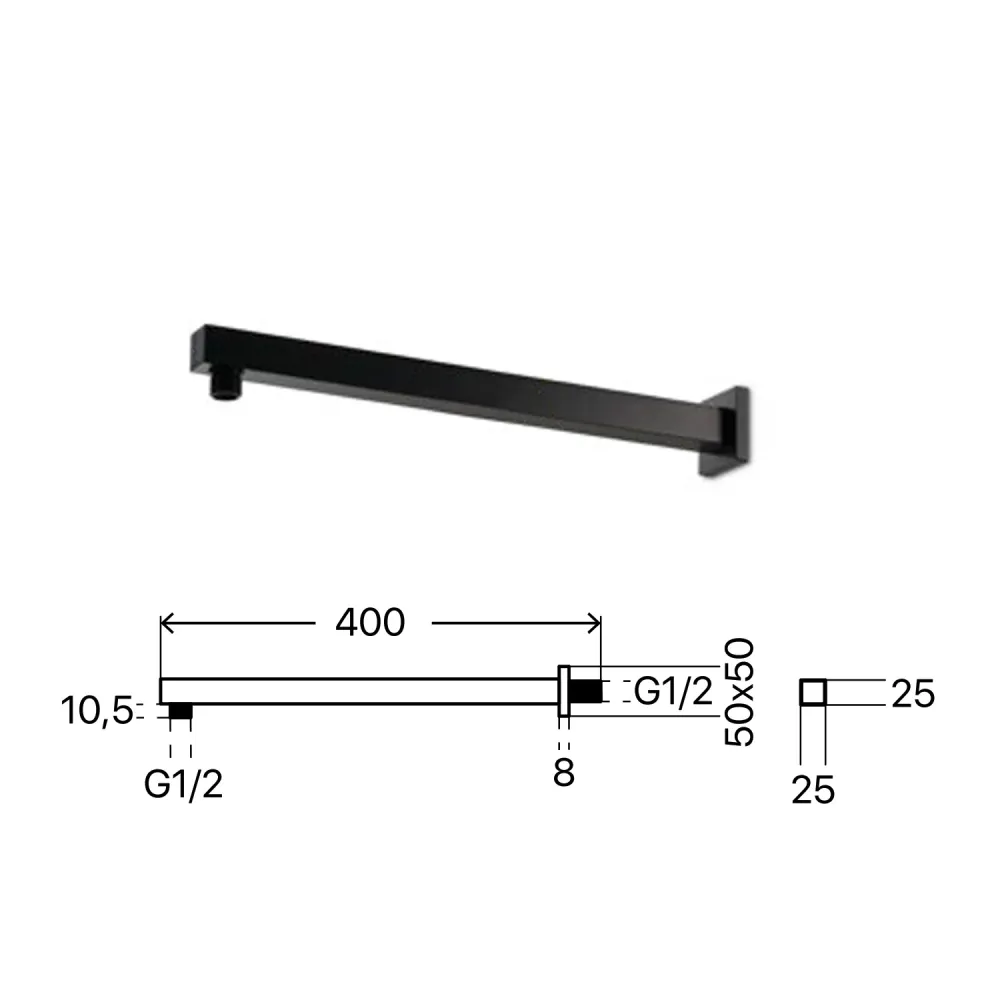 Soffione doccia quadro ultrasottile acciaio cm 20x20 con braccio 40 cm ottone Nero Opaco
