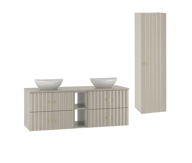 Tocador con Espejo Conjunto de muebles con doble lavabo 140cm 2 compartimientos y columna Izae Cachemira