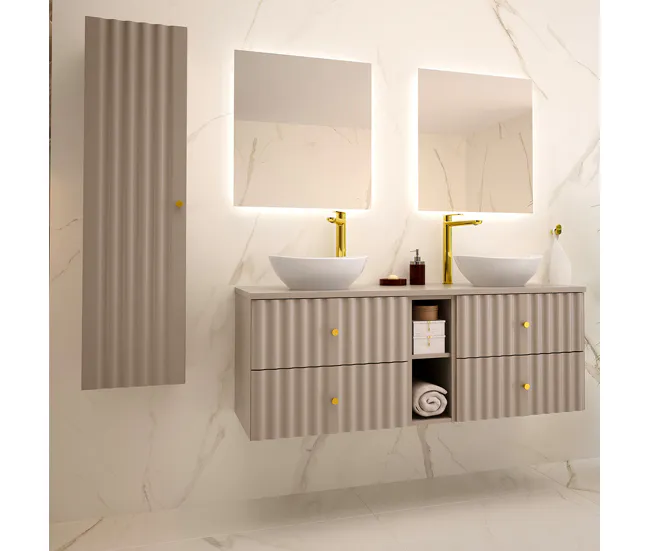 Tocador con Espejo Conjunto de muebles con doble lavabo 140cm 2 compartimientos y columna Izae Cachemira